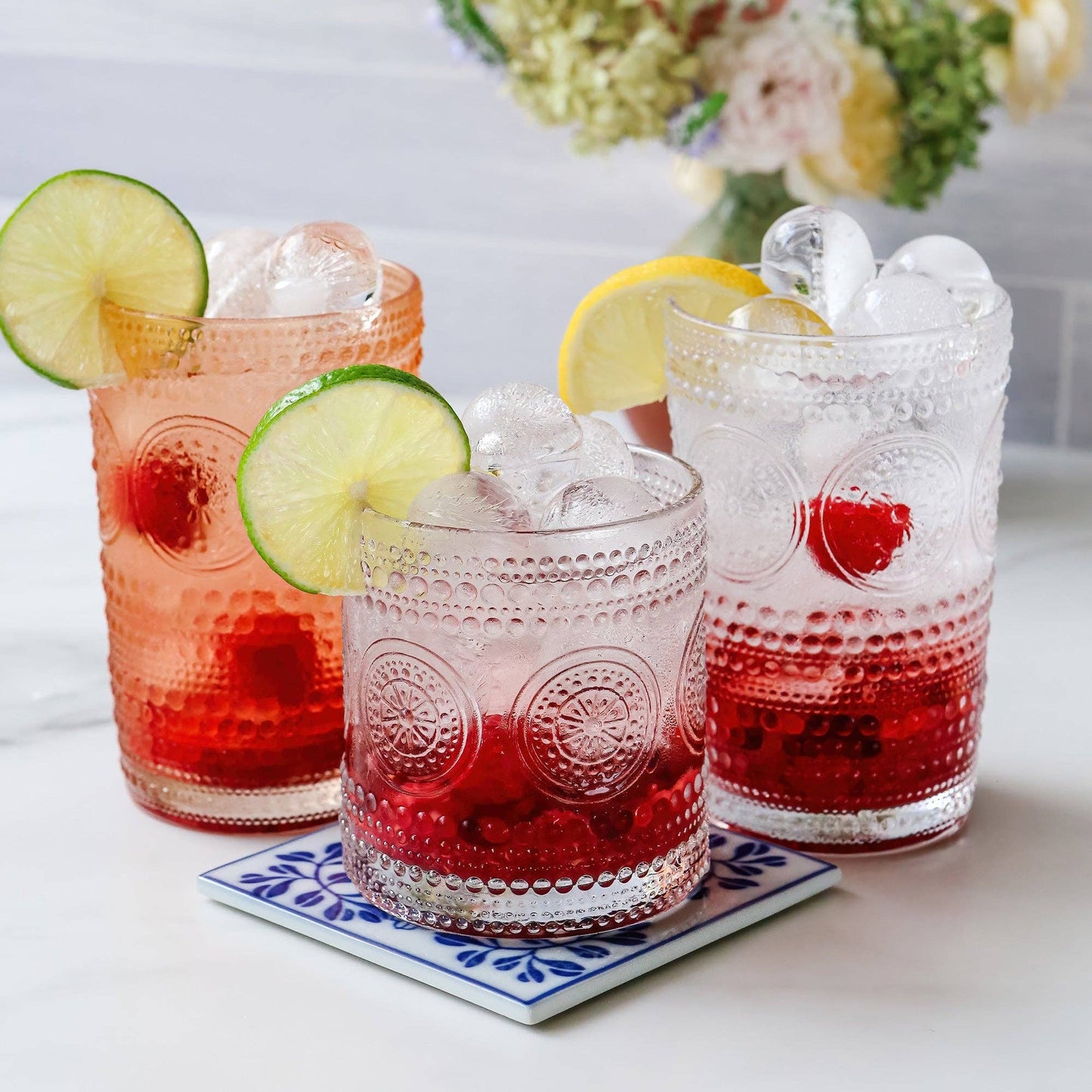 10 oz. Hobnail Beaded Floral Clear Drinking Glasses
