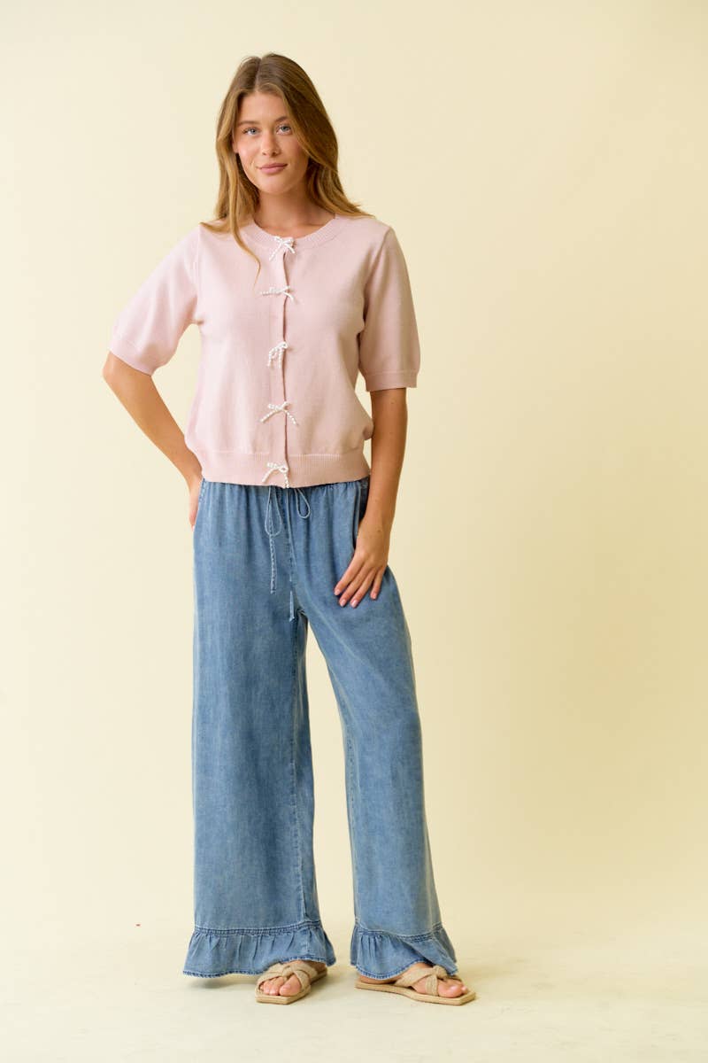 PEARL BOW BUTTON SHORT SLEEVE CARDIGAN