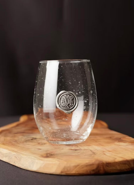 Stemless Wine Pewter Initial Glass