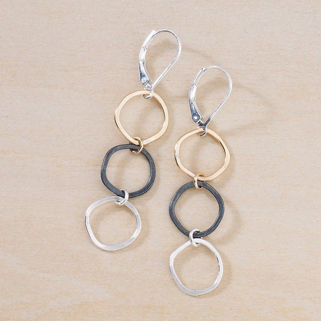 Ramble Earrings, Three Imperfect Circles Mixed Metal Drops