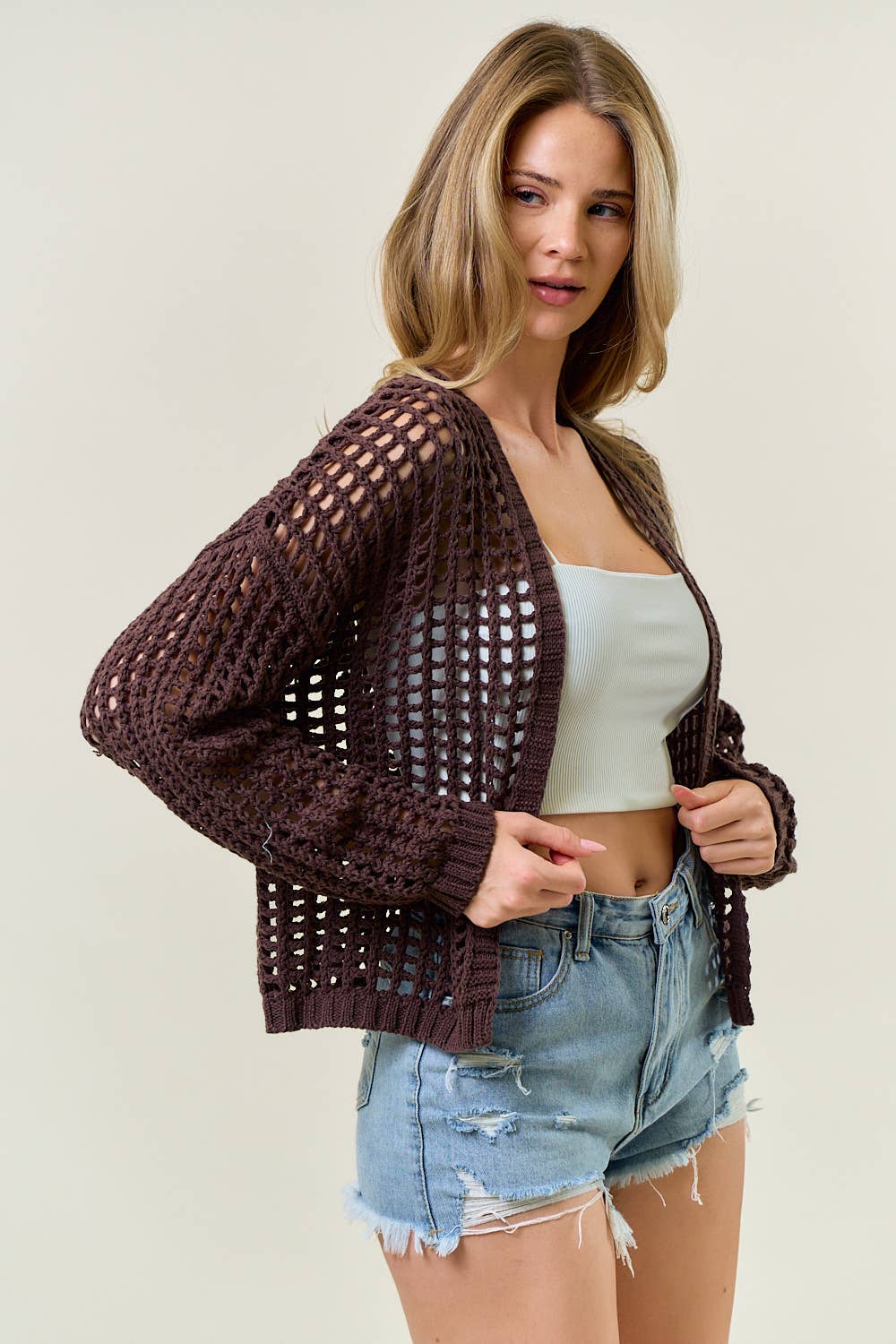 CROCHET FISHNET CROPPED OPEN CARDIGAN