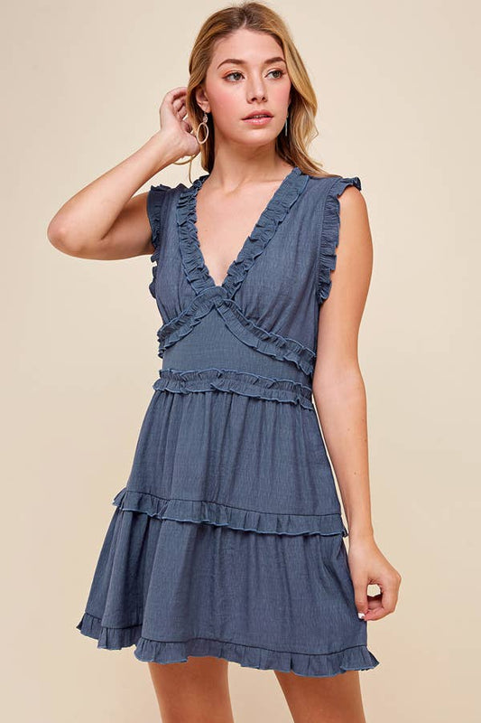 Ruffle Detailed Minidress - Dusty Navy