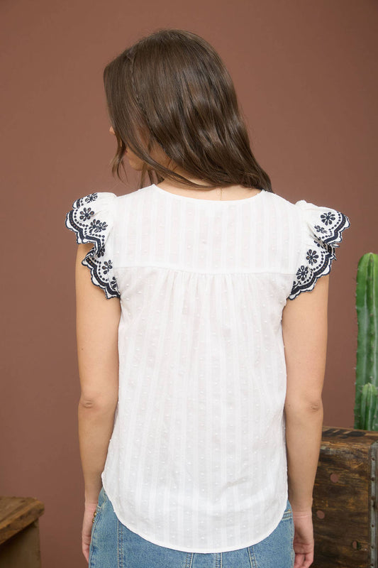 White with Navy Embroidered Flutter Sleeve Blouse