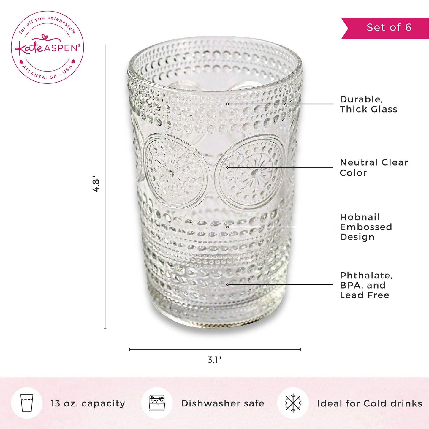 13 oz. Hobnail Beaded Floral Clear Drinking Glasses (Set of 6)