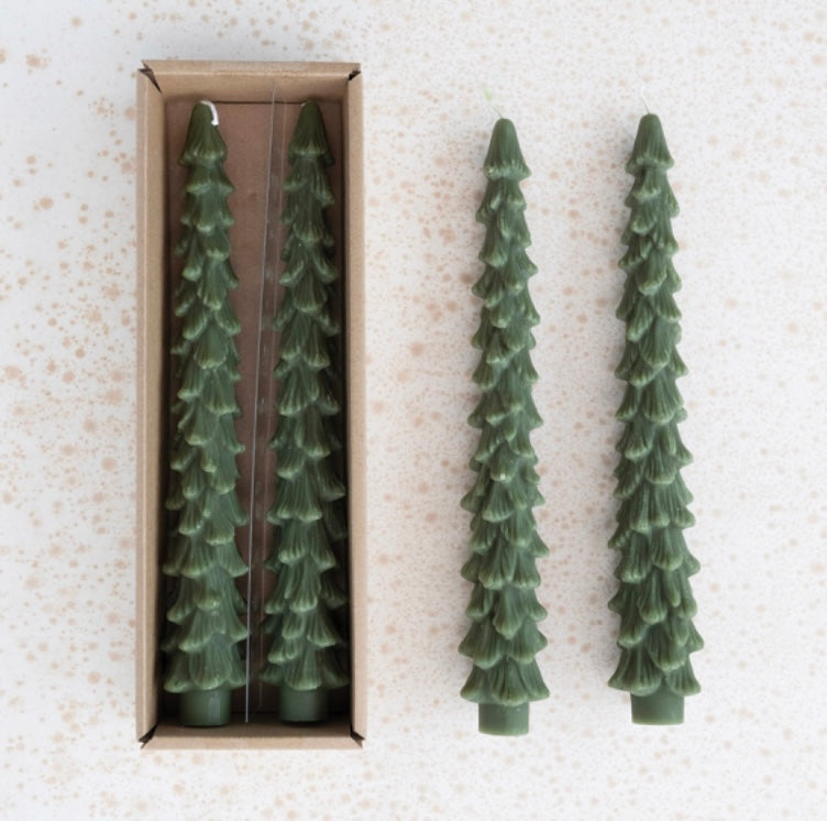 Unscented Tree Shaped Evergreen Taper Candles - Set of 2